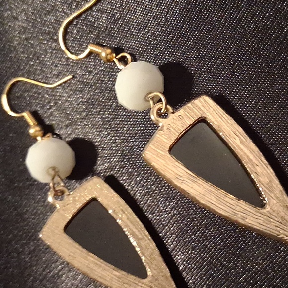 Black Geometric, Gold Over 925 Dangle Hooks Earrings . - Picture 7 of 9